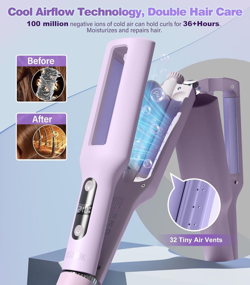 Casavok Hair Crimpers and Wavers with Cool Airflow Styling, Beach Waver Curling Iron with 4 Adjustable Curl, Anti-Scald Crimper Hair Tool for Women, 8s Smart Timer, Fast Heating, 100 Million Ions, LCD - Image 2